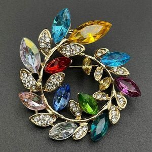 Yellow Gold with Multicolored Crystal Floral Leaf Wreath Pin Back Brooch